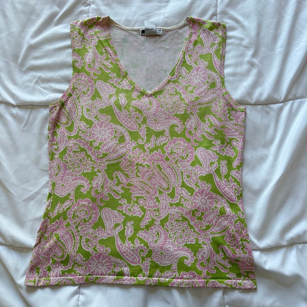 Vintage Carole Little Silk Blend Paisley V-Neck Tank Top Lime Green Pink Small